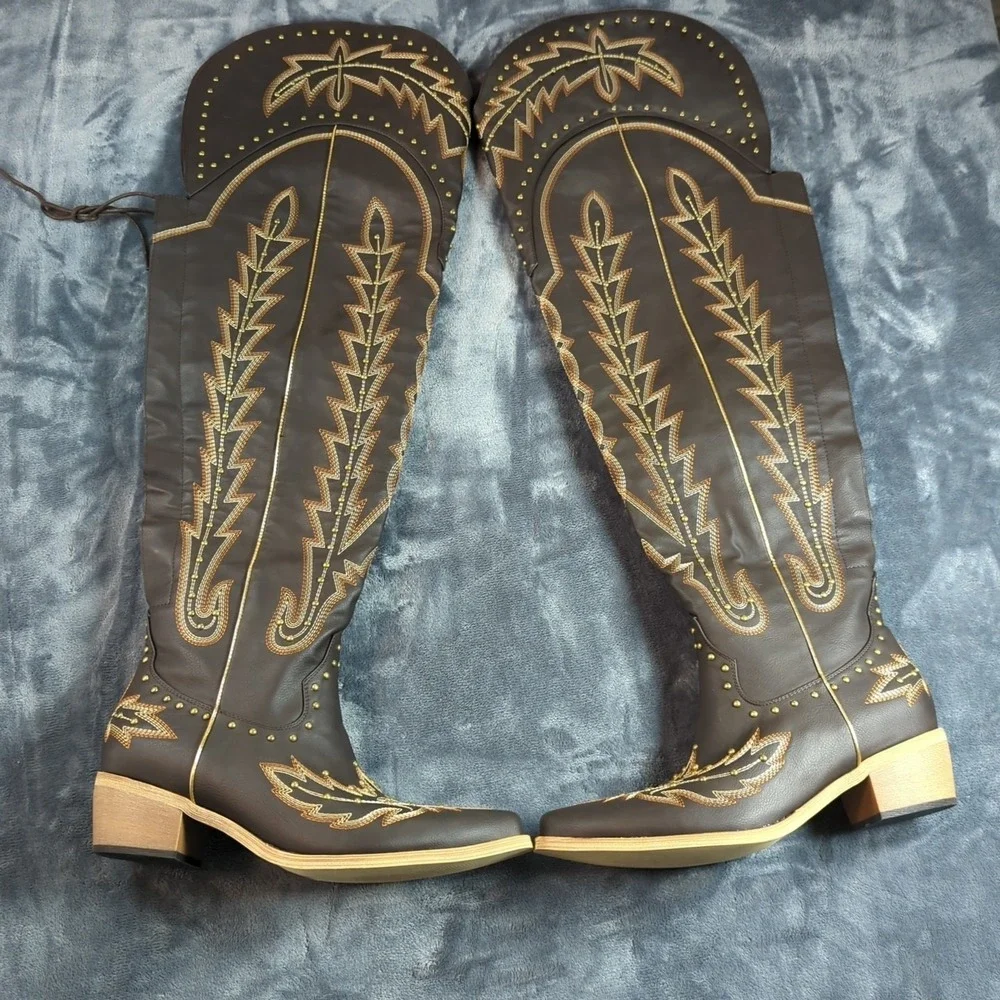 Women Thigh High Over the Knee Boot Size 10 Side Zipper Embroidery Cowgirl Boot